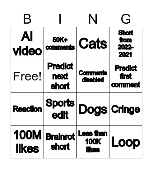 Youtube shorts bingo Card