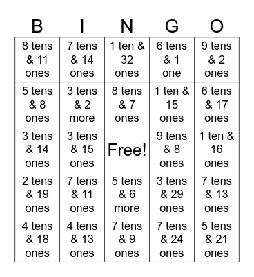 Place Value to 99 tens ones Bingo Card