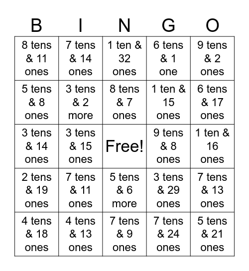 Place Value to 99 tens ones Bingo Card