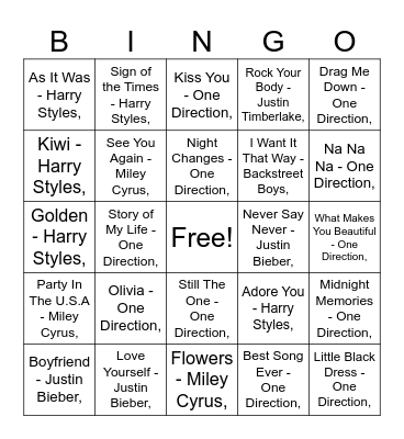 ONE DIRECTION & friends Bingo Card