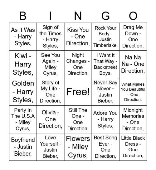 ONE DIRECTION & friends Bingo Card