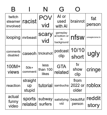 yt shorts bingo Card