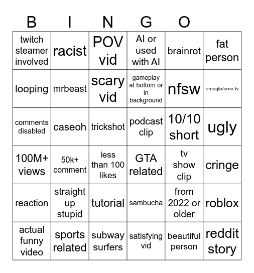 yt shorts bingo Card