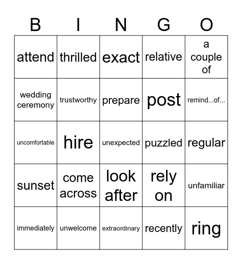 Bingo(第八周周测完形+语法） Bingo Card
