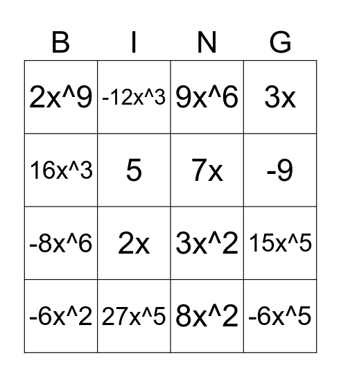 Multiplying and Dividing Monomials Bingo Card