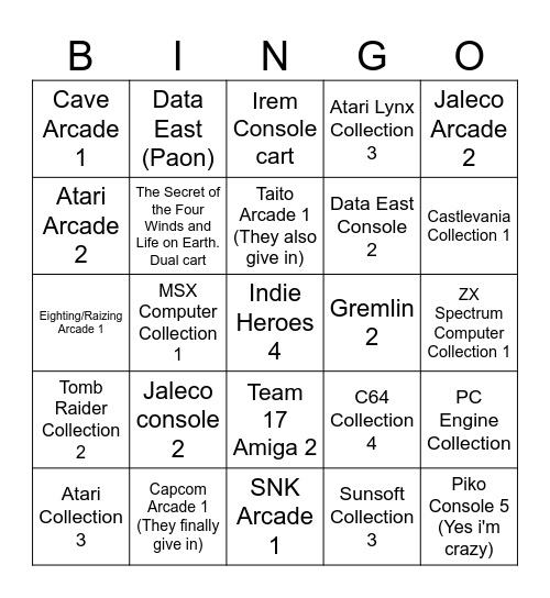 2025 Evercade/Super Pocket Bingo Card