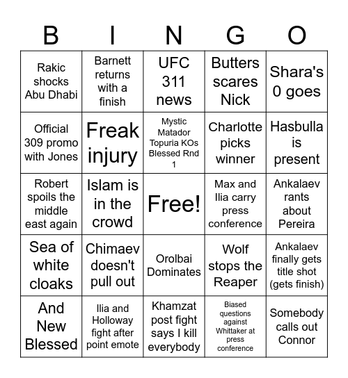 UFC 308 Bingo Card