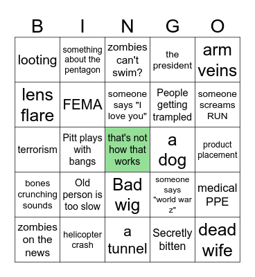 World War Z PEOC Bad Movie Bingo Card