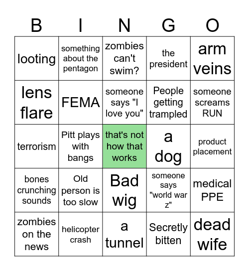 World War Z PEOC Bad Movie Bingo Card