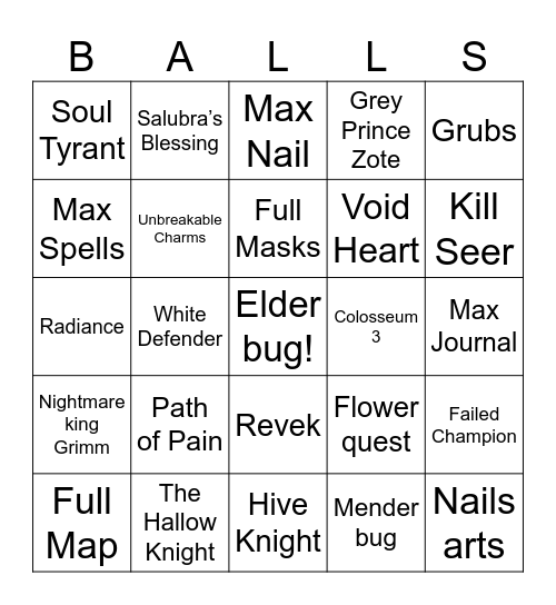 Hollow knight Bingo Card