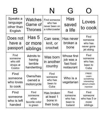 GET TO KNOW YOU Bingo Card