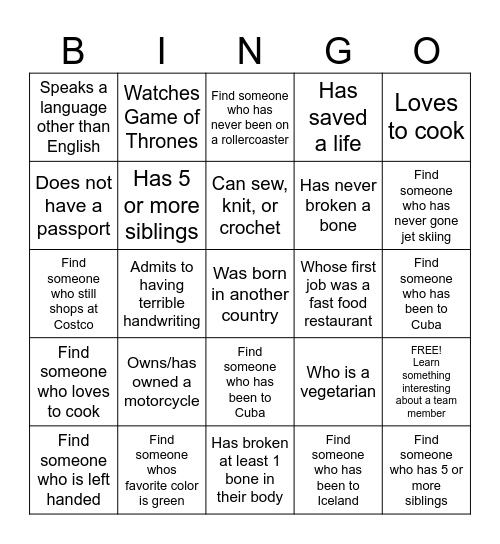 GET TO KNOW YOU Bingo Card