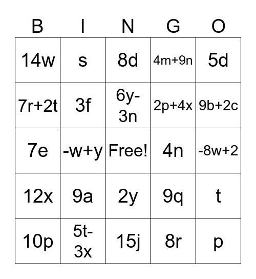 Algebra Bingo Card