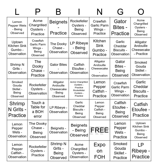 Heart of House Louisiana Purchase Training Bingo Card