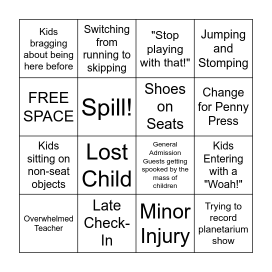 Chaperone BINGO Card