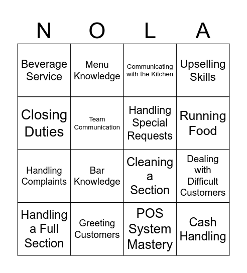 FOH General Louisiana Purchase Training Bingo Card