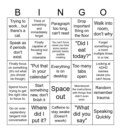 ADHD Bingo Card