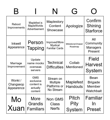 Maplefest Bingo Card