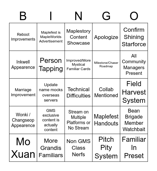 Maplefest Bingo Card