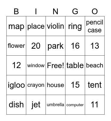 THING & PLACE Bingo Card