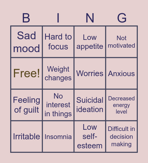 Depression Bingo Card