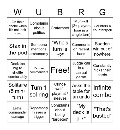 The commander experience Bingo Card