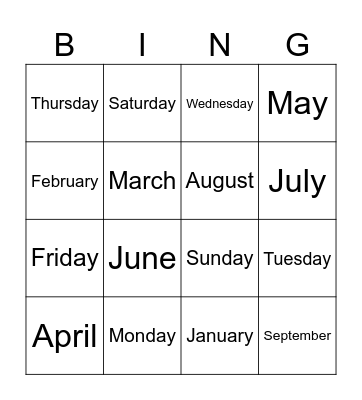 Days and Months Bingo Card