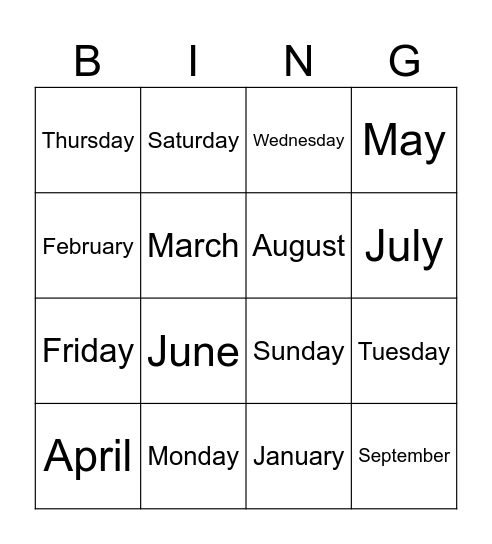 Days and Months Bingo Card