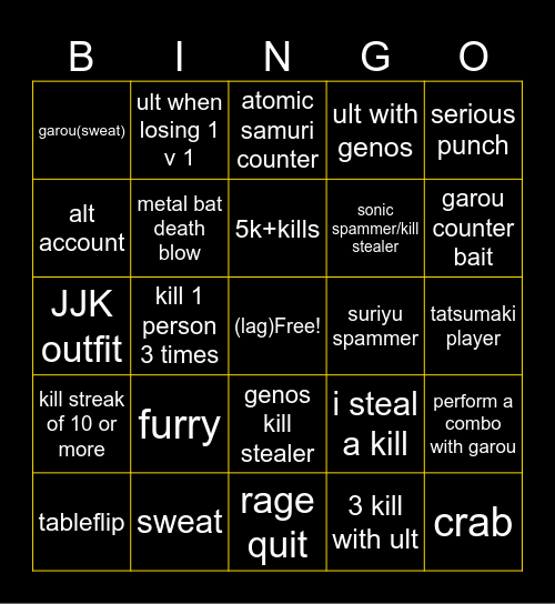 freaky battlegrounds bingo Card