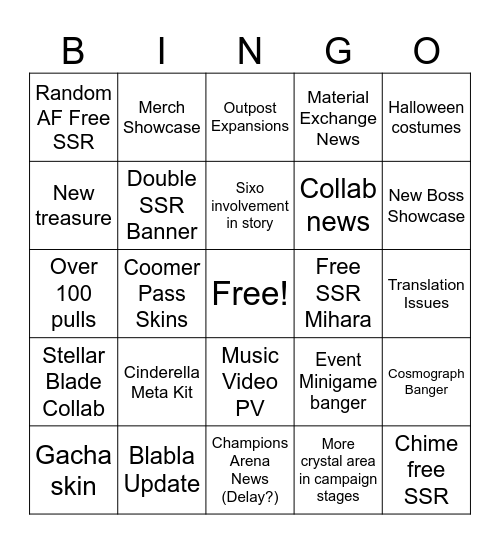 Nikke Anniversary+Patch Notes Bingo Card