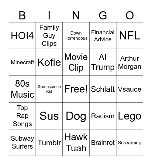 Shorts Bingo Card