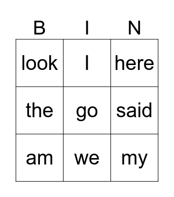 Sight Words Bingo Card