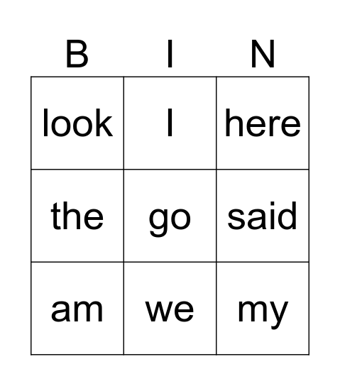 Sight Words Bingo Card