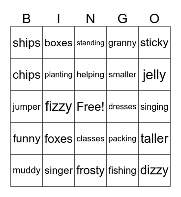 Suffixes Bingo Card