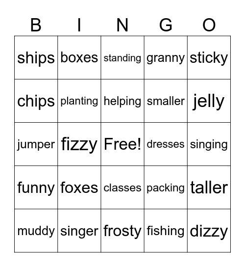 Suffixes Bingo Card