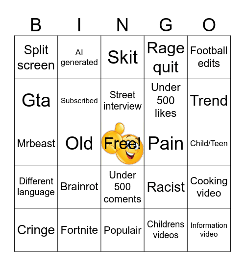 Youtube shorts bingo Card