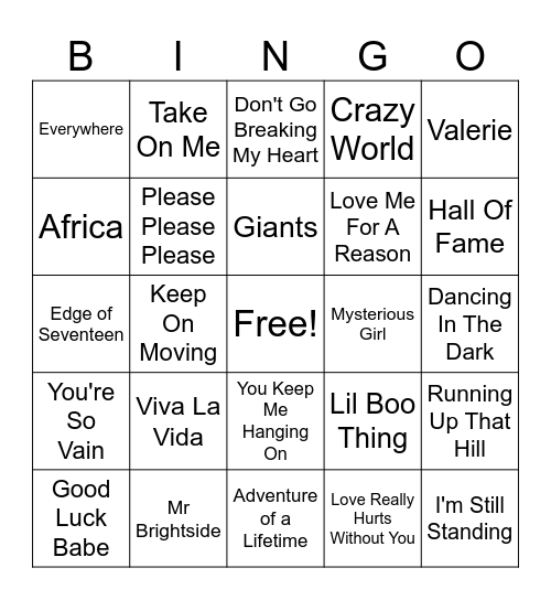 Music Bingo @ Carberry's Bingo Card