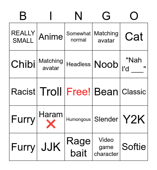 Roblox avatar Bingo Card