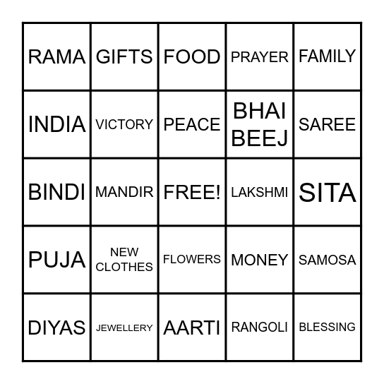DIWALI Bingo Card