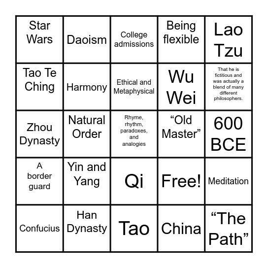 Lao Tzu Bingo Card