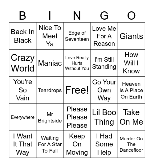 Music Bingo @ Carberrys Bingo Card