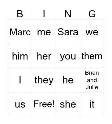 Pronoun bingo Card