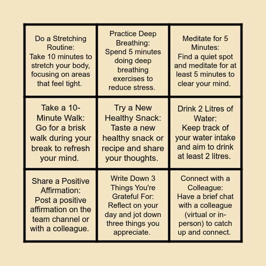 Wednesday Wellness Bingo Card