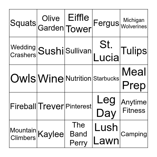 Vanessa's Bridal Bingo Card