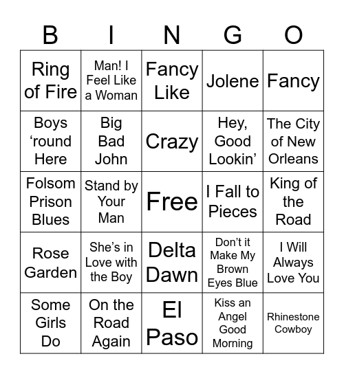 Country Music Bingo Card