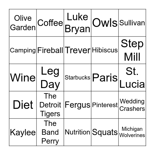 Vanessa's Bridal Bingo Card