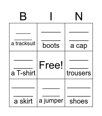 clothes Bingo Card