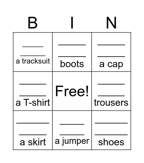 clothes Bingo Card