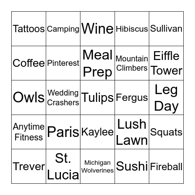 Vanessa's Bridal Bingo Card