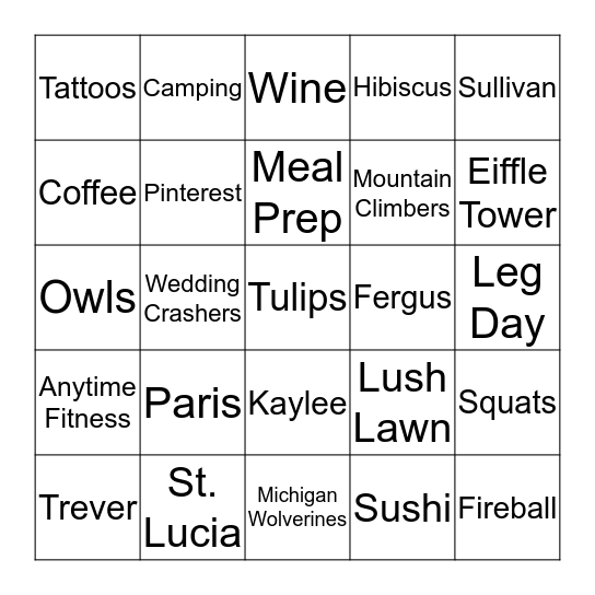 Vanessa's Bridal Bingo Card